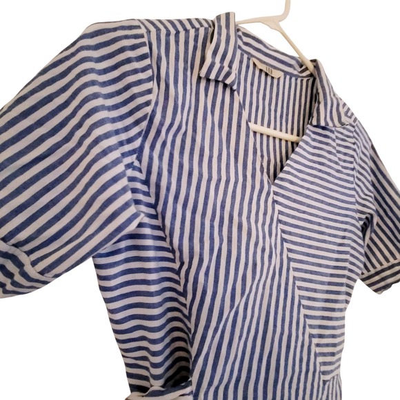 AND Small Striped Cotton WrapTop ShortSleeve TieWaist Blouse Collar Asymmetrical - Picture 3 of 5